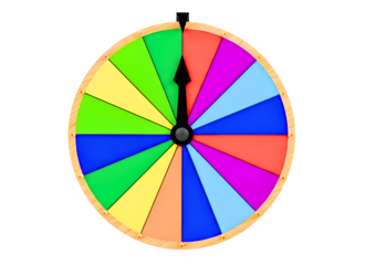 Brightly colored prize wheel with black arrow and multiple segments for decision making isolated on transparent background
