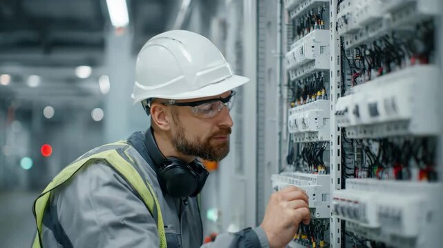 Medium shot of an engineer configuring IoT sensors on smart devices to optimize automated energy usage within a commercial building.