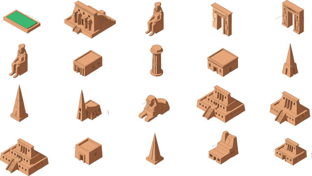 Isometric ancient Egypt architecture and monuments set with temples, statues, obelisks and historic buildings