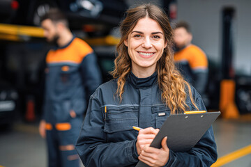 A smiling woman in a mechanic's uniform holds a clipboard, standing in an automotive workshop with colleagues in the background.