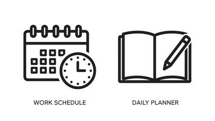 Planning Icons: Work Schedule Calendar and Daily Planner Notebook with Pencil, Time Management Tools