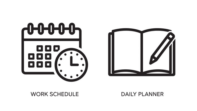 Planning Icons: Work Schedule Calendar and Daily Planner Notebook with Pencil, Time Management Tools - Powered by Adobe
