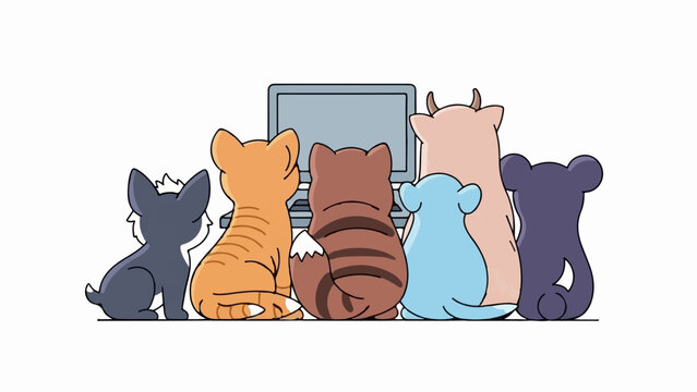 Diverse cute animals watch a computer screen together