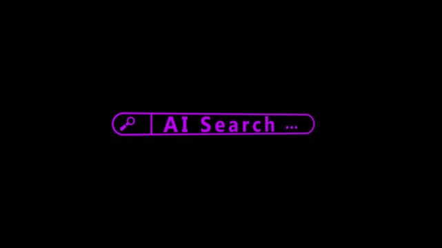 A vibrant purple outline of a search bar containing the text AI Search and a magnifying glass set against a deep black background, symbolizing advanced digital search and artificial intelligence