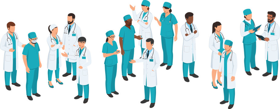 Medical staff team vector set, doctors and nurses communicating, consulting and working together in hospital environment