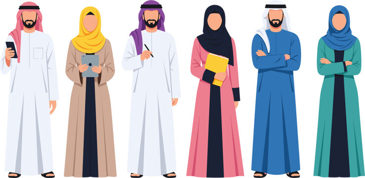 Arab professionals vector set, Middle Eastern men and women in traditional clothing using technology and documents