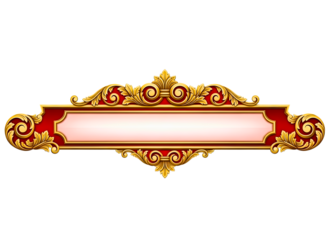 Ornate golden baroque-style decorative banner with intricate scrollwork on a rich red background isolated on transparent background
