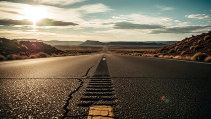 Asphalt road stretches to horizon, illuminated by sun, passing through desert landscape