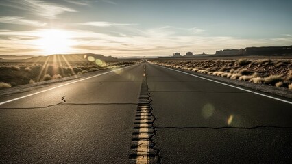 Asphalt road stretches into the horizon, toward a setting sun, desert landscape surrounds