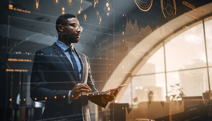 Confident businessman analyzing data on tablet in modern office space with futuristic graphs