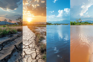Landscape transformation showing drought and flooding as effects of climate change over time