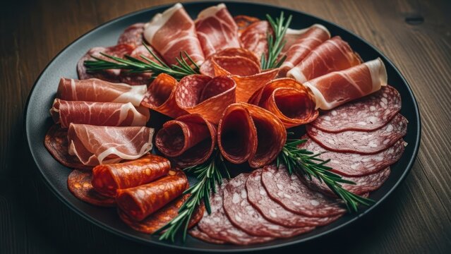 Assortment of cured meats, artfully arranged on a dark plate with rosemary sprigs