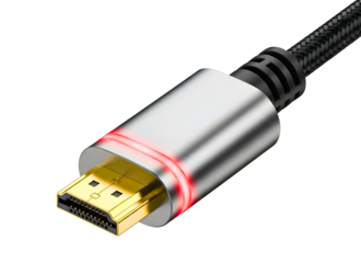 Illuminated hdmi cable connector with red light and gold-plated tip on a black background isolated on transparent background