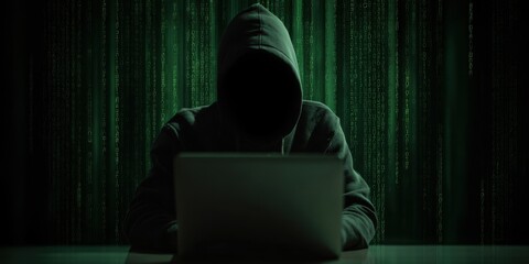 The Hacker in a Hoodie Using a Laptop Against a Matrix-Style Digital Code Background