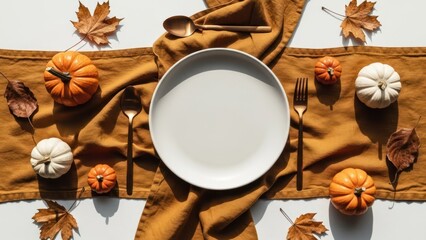 Autumn table setting with pumpkins, leaves, linen runner, and a white plate