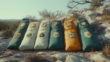 Collection of aged and patched canvas sleeping bags arranged outdoors on a sunny day