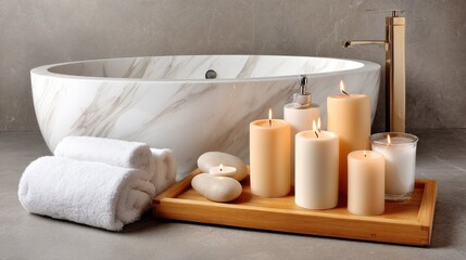 Candles and a bathtub with a wooden tray create a spa concept in a modern bathroom setting for relaxation and self-care experiences