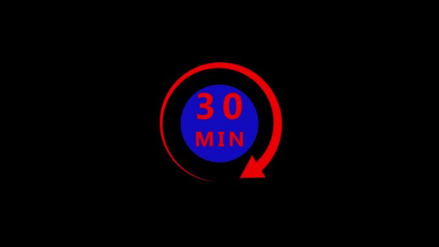 A red arrow encircles a blue circle with red text reading 30 MIN against a stark black background signifying a time constraint or elapsed time
