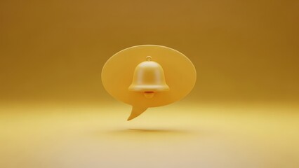 A 3D rendered yellow bell notification icon inside a speech bubble on a golden backdrop