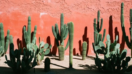 Cacti of various shapes and sizes stand against a textured, coral-colored wall