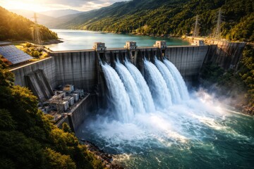 Hydroelectric dam releasing powerful water flow into a river valley at sunset, surrounded by forested mountains and energy infrastructure