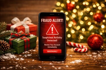 Smartphone displaying fraud alert warning beside wrapped holiday gifts, candy cane, and festive lights on wooden table, highlighting seasonal online scam risks