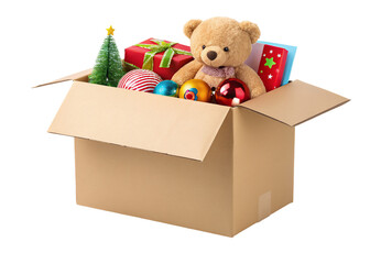 Christmas gifts and decorations in a cardboard box