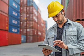Focused logistics manager wearing yellow hard hat utilizing digital tablet for inventory check at shipping container terminal. Industrial worker managing global freight distribution in cargo port 