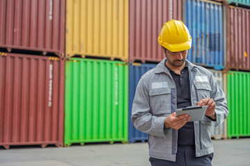 Focused logistics manager wearing yellow hard hat utilizing digital tablet for inventory check at shipping container terminal. Industrial worker managing global freight distribution in cargo port 
