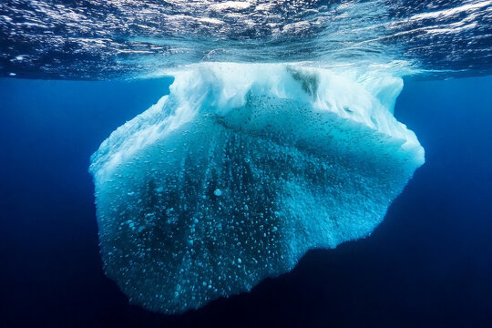 Underwater view of melting iceberg showing submerged ice mass beneath ocean surface