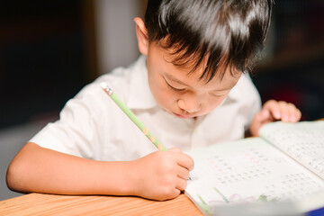 Seven-year-old Asian boy focused on doing homework and writing at a desk in a cozy home setting
