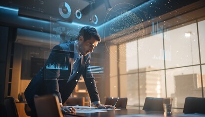 Businessman analyzing data in modern office with futuristic interface
