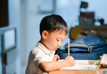 Seven-year-old Asian boy focused on doing homework and writing at a desk in a cozy home setting