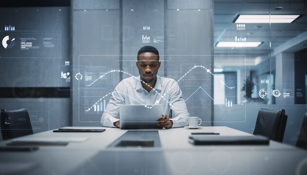 Focused businessman analyzing data on laptop in modern office - Powered by Adobe