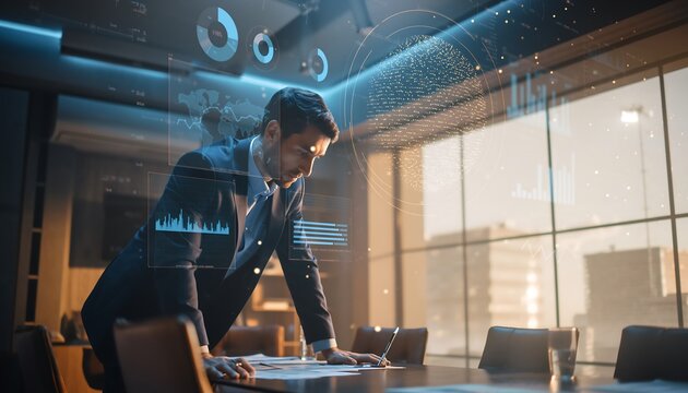 Businessman analyzing data in modern office with futuristic interface - Powered by Adobe