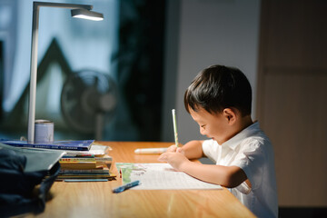 Seven-year-old Asian boy focused on doing homework and writing at a desk in a cozy home setting