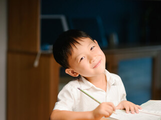 Seven-year-old Asian boy focused on doing homework and writing at a desk in a cozy home setting
