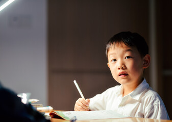 Seven-year-old Asian boy focused on doing homework and writing at a desk in a cozy home setting