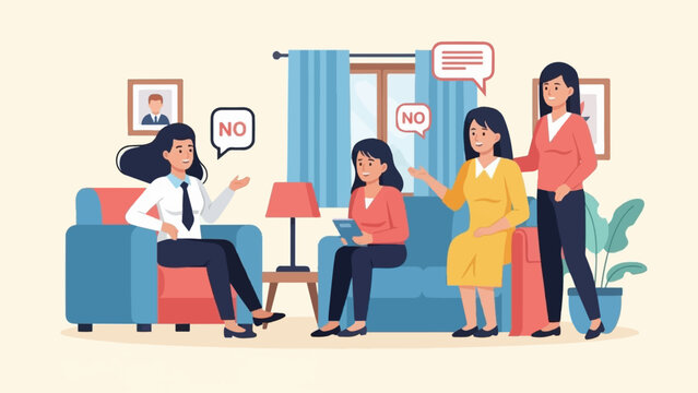 Four women in casual conversation, two expressing disagreement with 'NO' speech bubbles