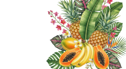 Watercolor of pineapples, bananas, sliced papaya, leaves, white flowers, pink blossoms. Seamless border on white, copy space, fresh tropical border design.