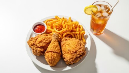 Fried chicken meal with curly fries, ketchup, and iced tea with lemon