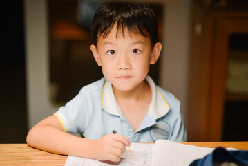 Seven-year-old Asian boy focused on doing homework and writing at a desk in a cozy home setting