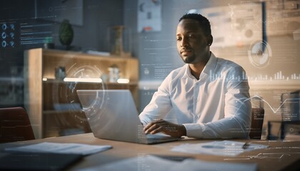 Focused businessman analyzing data on laptop in modern office space