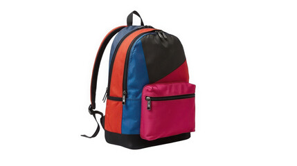Fototapeta premium Colorful modern backpack featuring contrasting geometric color blocks with black straps and zippers for urban travel on transparent background