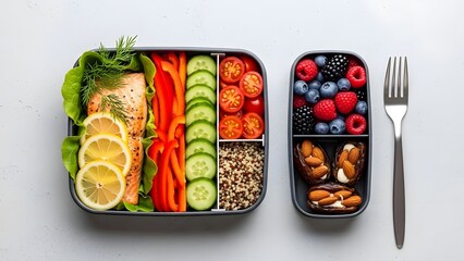Healthy meal prep with salmon, vegetables, fruits, and nuts in containers