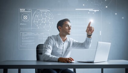 Businessman interacting with futuristic digital interface at office desk