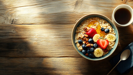 Homemade oatmeal with berries and fruit in a bowl on a wooden table. A healthy and balanced breakfast.