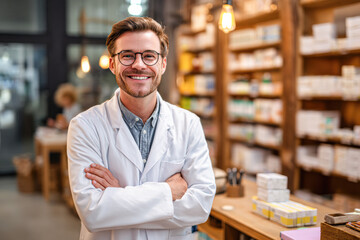 A smiling pharmacist in a white coat stands confidently in a well-organized pharmacy, surrounded by shelves of medications and products.