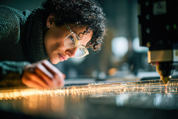 A focused woman with curly hair works intently on a machine, showcasing precision in technology and craftsmanship.