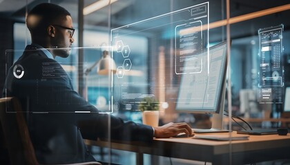 Professional black man working on computer with futuristic interface in modern office